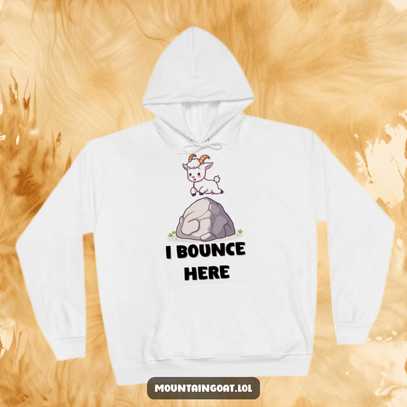 Funny kawaii mountain goat, full of energy, leaping over a rock, printed on a cozy hoodie for ultimate comfort.
