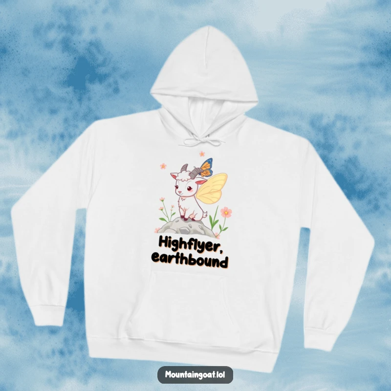 Funny Hoodie: A charming mountain goat sporting large, graceful butterfly wings, perched near blooming mountain flora, embodying mystical and lighthearted joy.
