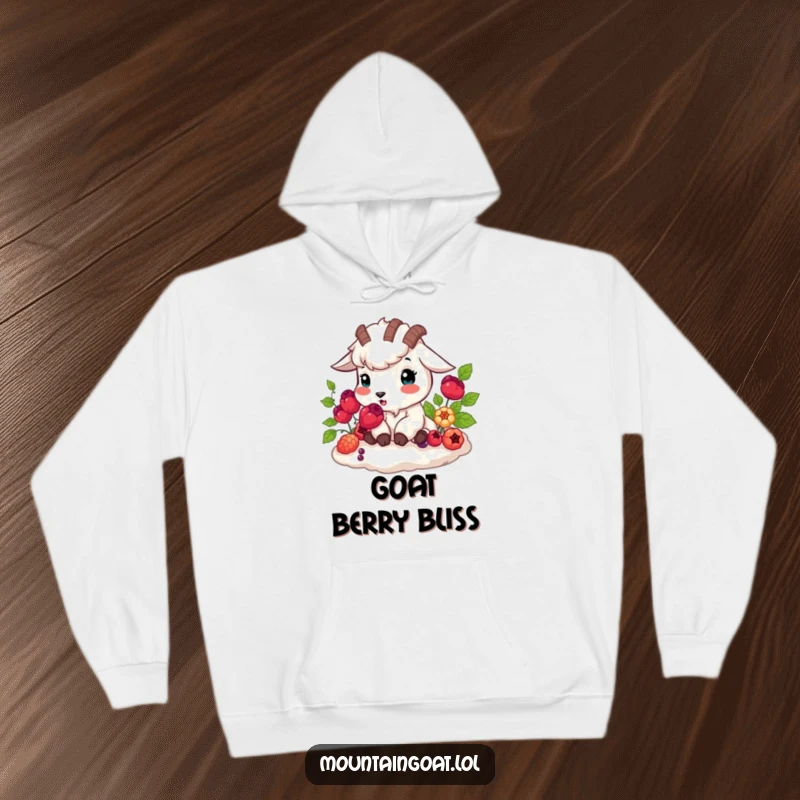 Funny mountain goat happily munching vibrant berries, nature theme, warm humorous hoodie, wonderful funny gift.