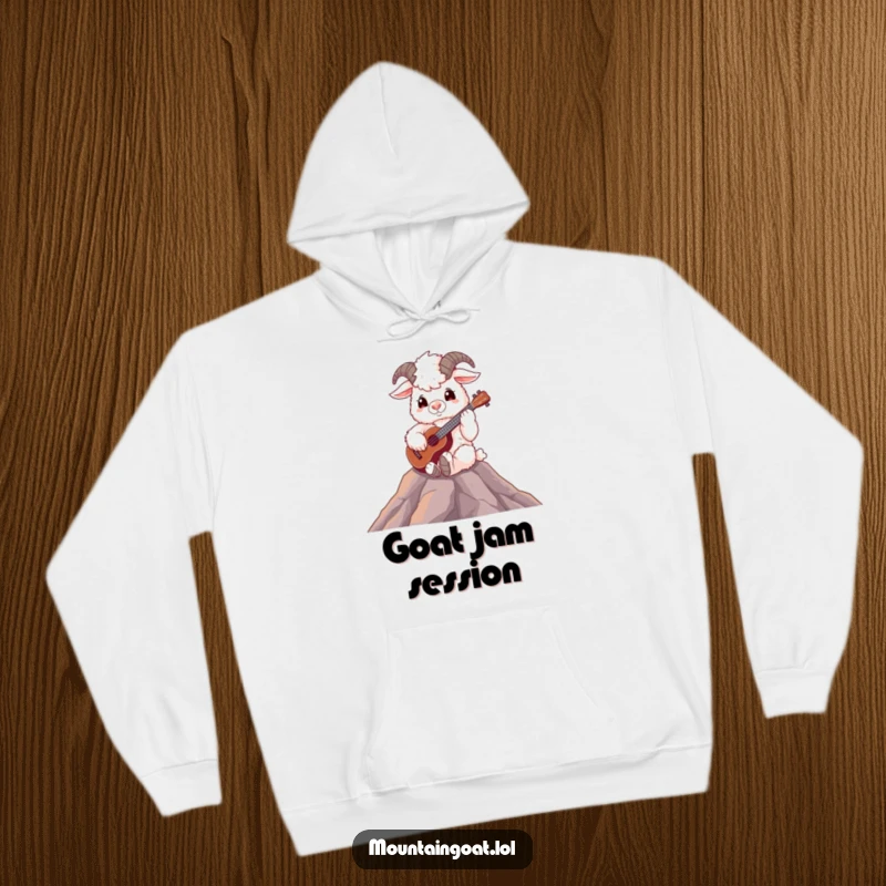 Funny fluffy mountain goat sitting on a peak, playing a ukulele, cozy and musical hoodie.