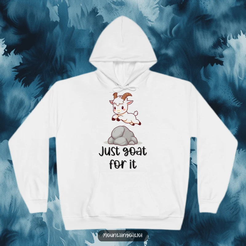 Funny kawaii mountain goat with tiny horns, gracefully leaping over a small rock, cozy and cute hoodie design.