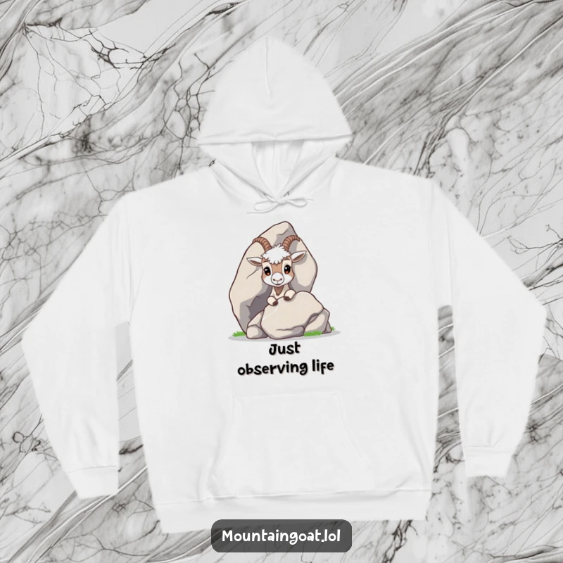 Funny Curious Goat Hoodie: A cozy hoodie featuring a curious mountain goat peeking from behind a large, smooth rock.