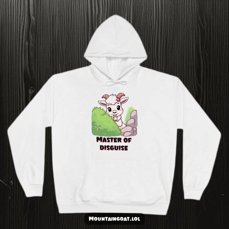 Funny mountain goat hoodie featuring a mischievous goat playing hide-and-seek behind a bush, offering cozy comfort and playful charm.