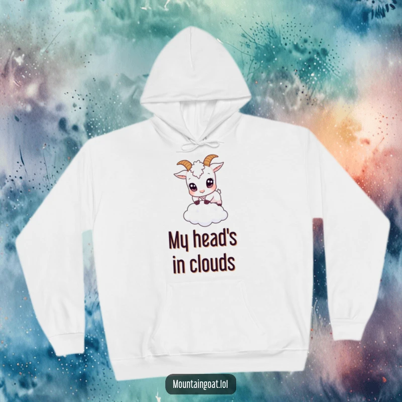 Funny small goat with oversized eyes leaping over a tiny cloud, featured on a cozy hoodie for ultimate comfort and dreamy vibes.',