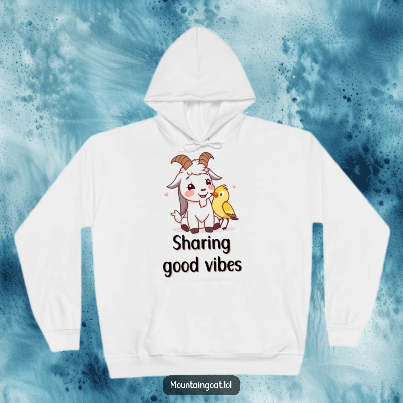 Funny mountain goat hoodie depicting a character giggling with a bird, perfect for warmth and spreading cheerful vibes.
