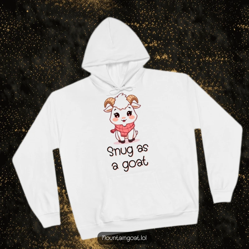 Funny Mountain Goat Scarf Hoodie: A smiling goat with a knitted scarf offers cozy comfort and adorable, heartwarming vibes.