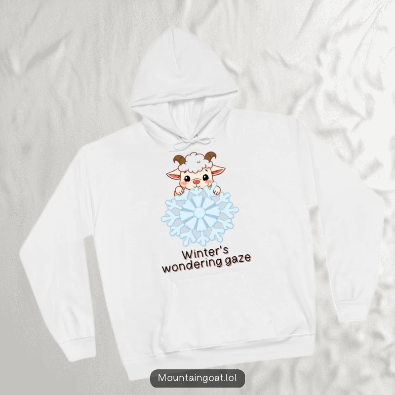 Funny Goat Snowflake Hoodie: A kawaii goat peeks curiously from behind a giant snowflake, offering cozy winter humor.