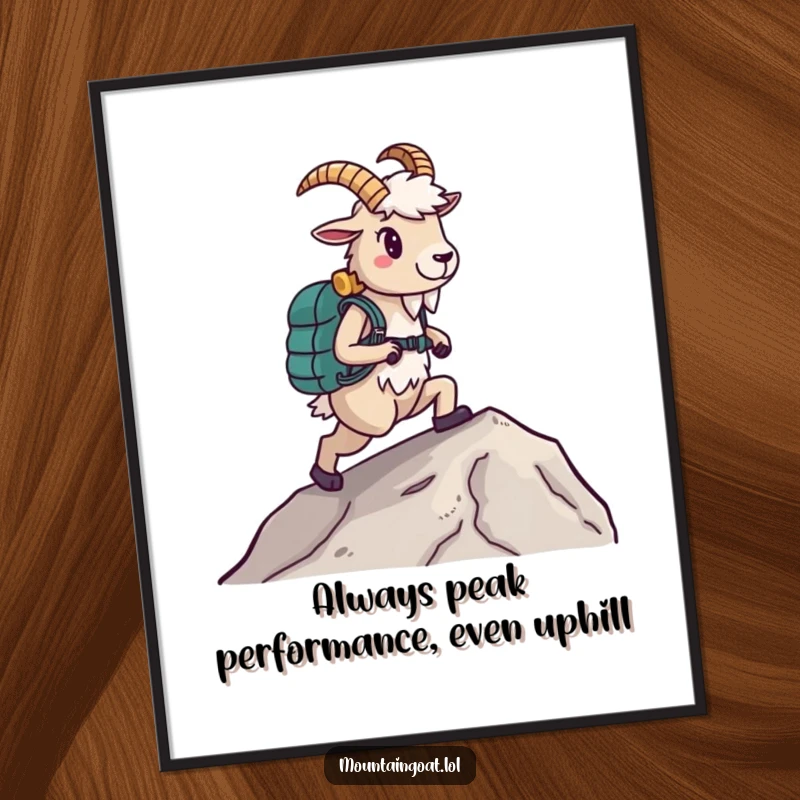 Funny Free Printable Wall Art: A determined mountain goat wearing hiking boots walks confidently up a steep, rocky slope.