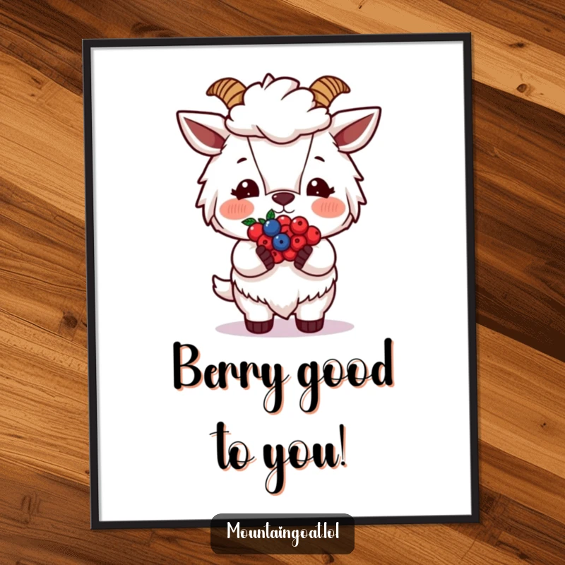 Funny Free Printable Wall Art: A blushing mountain goat character adorably offers a small bundle of ripe berries.