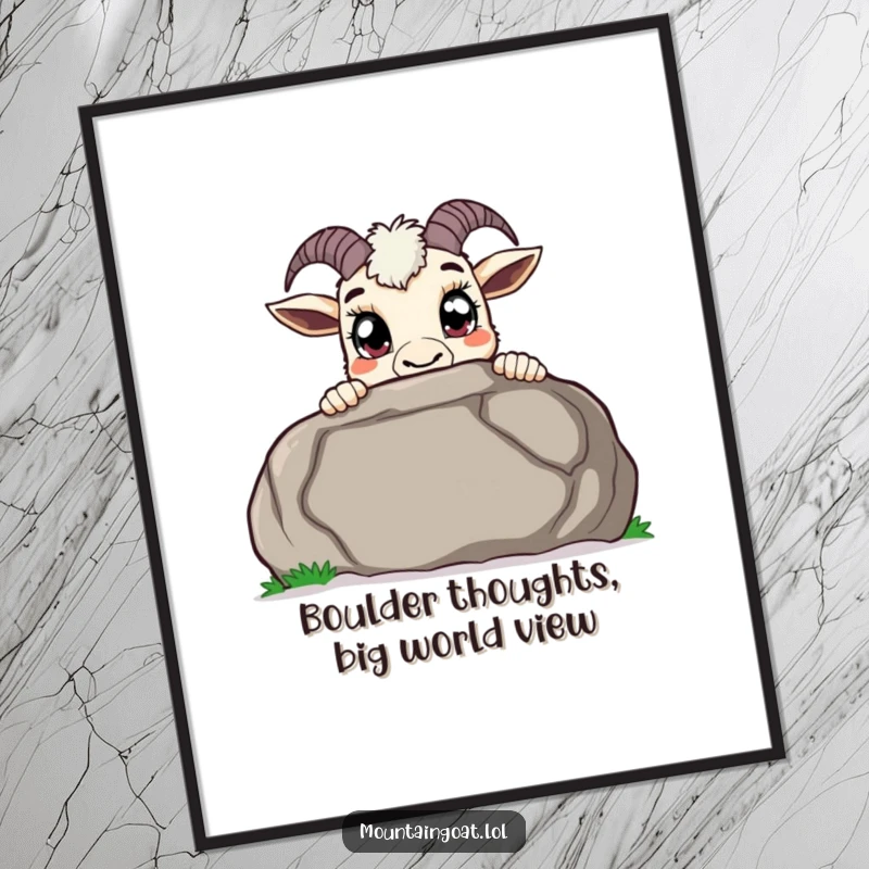 Funny free printable wall art: A curious mountain goat with wide pupils peeks over a large boulder, inviting viewers to discover the fun.