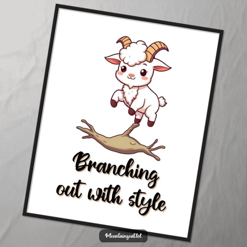 Funny Free Printable Kawaii Mountain Goat Wall Art: Happy goat balancing skillfully on a thin, precarious branch.
