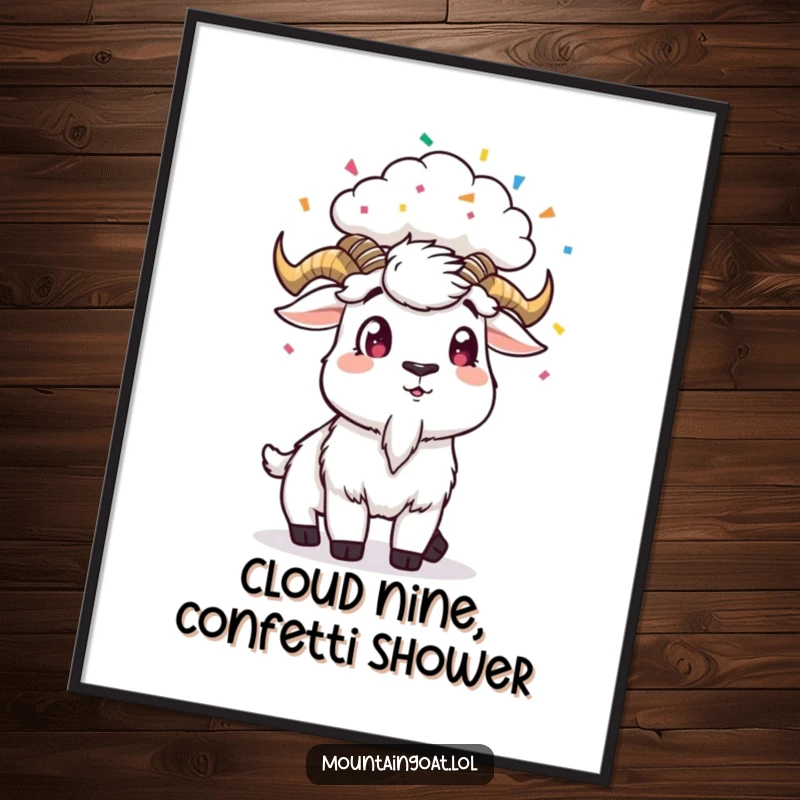 Funny Free Printable Wall Art: A mountain goat stands looking utterly surprised as a small cloud above it rains down colorful confetti.