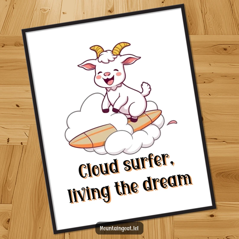 Funny Free Printable Wall Art: A goat gleefully surfs a cloud like a surfboard, bringing joy and humor.