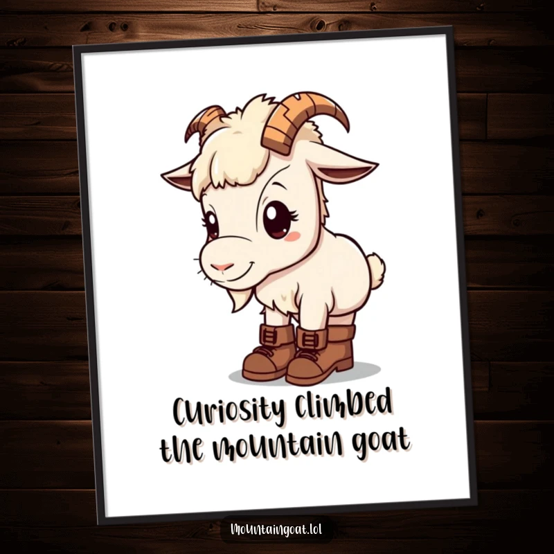 Cute free printable wall art of a kawaii mountain goat wearing tiny hiking boots and looking with curiosity.
