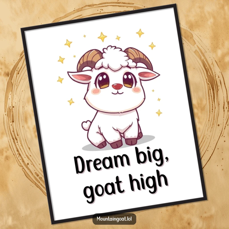 Funny Free Printable Wall Art: A mountain goat with wide, wonder-filled eyes gazing up at a beautiful sky of twinkling stars.