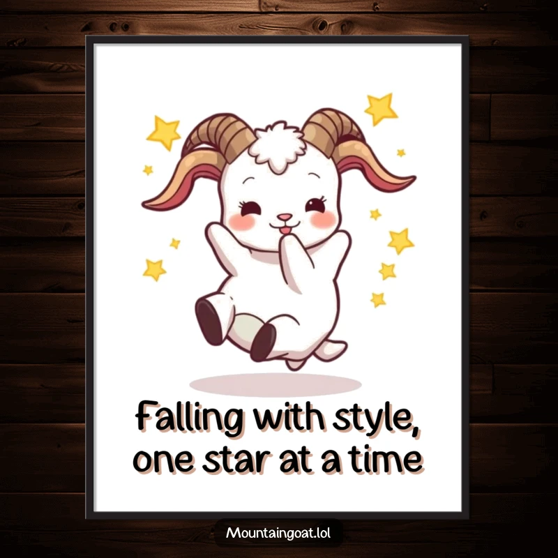 Funny Free Printable Wall Art: A goat hilariously tumbles backward, stars encircling its head, creating a comical scene. DIY decor.