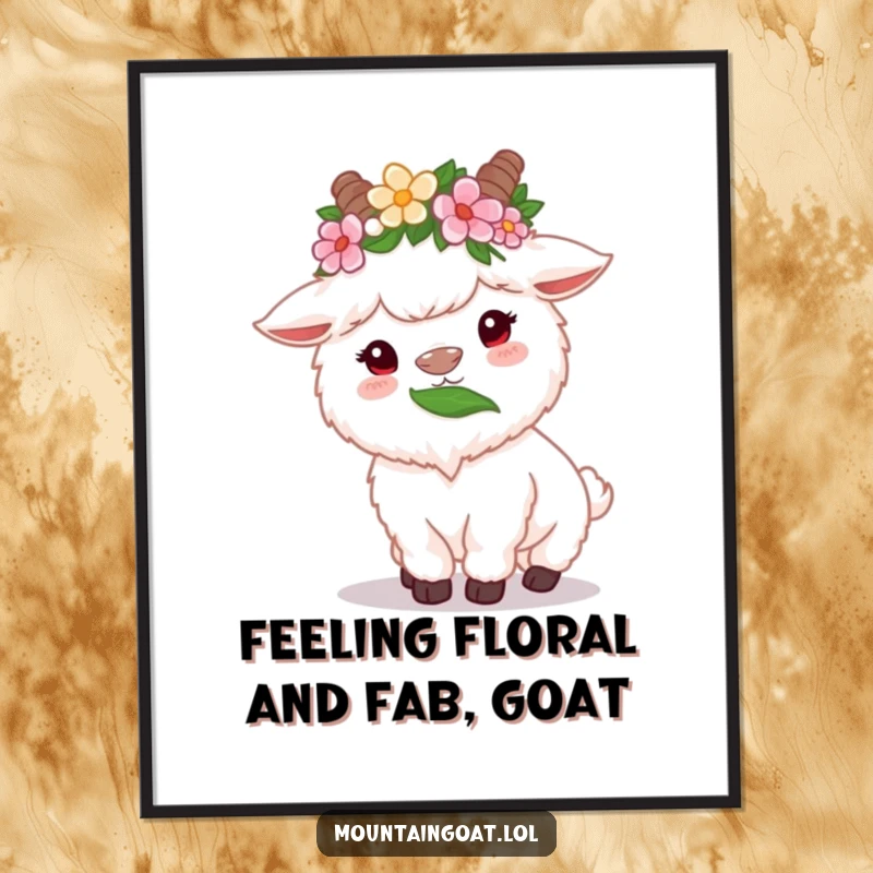 Funny free printable wall art: A fluffy white mountain goat wearing a flower crown contentedly munches on a high leaf, bringing peaceful humor.