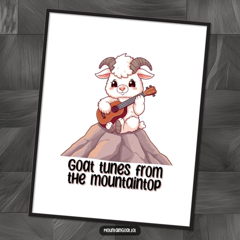 Funny free printable wall art of a fluffy mountain goat perched on a peak, joyfully playing a ukulele.