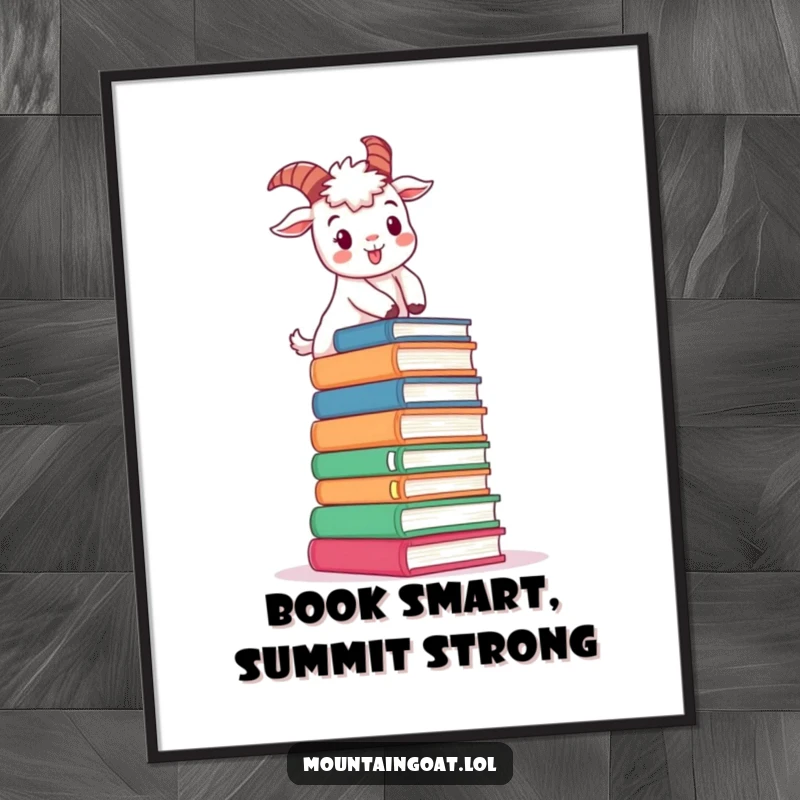 Funny Free Printable Mountain Goat Wall Art: A determined goat cheerfully climbs a stack of oversized books, creating unique literary decor.