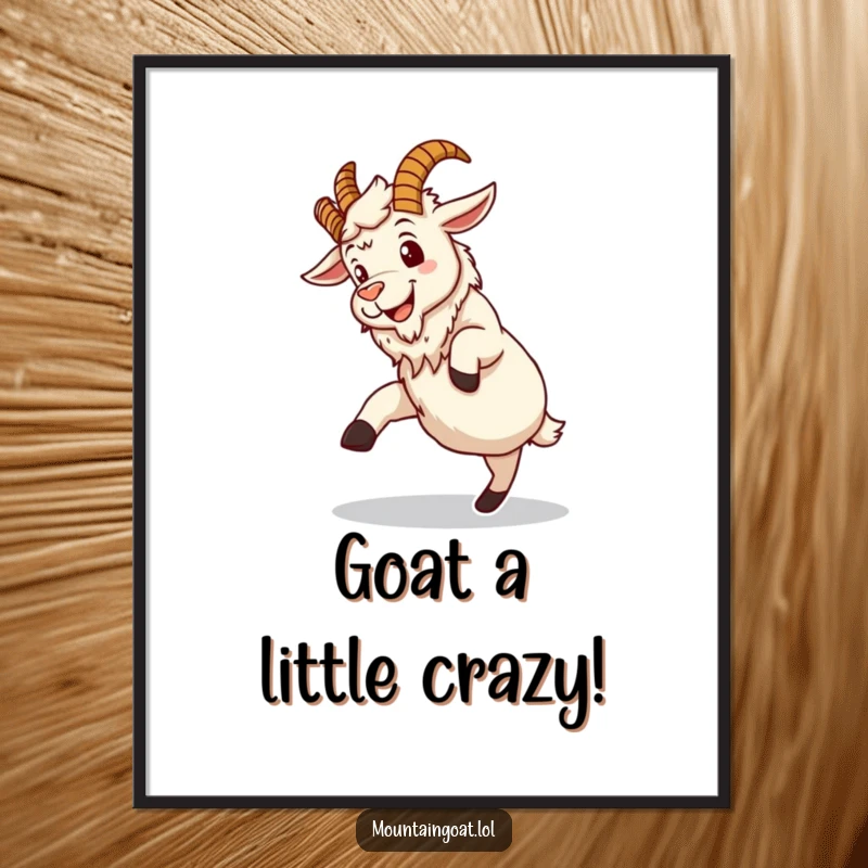 Funny Free Printable Wall Art of a mountain goat with a huge silly grin, hilariously failing at a somersault.