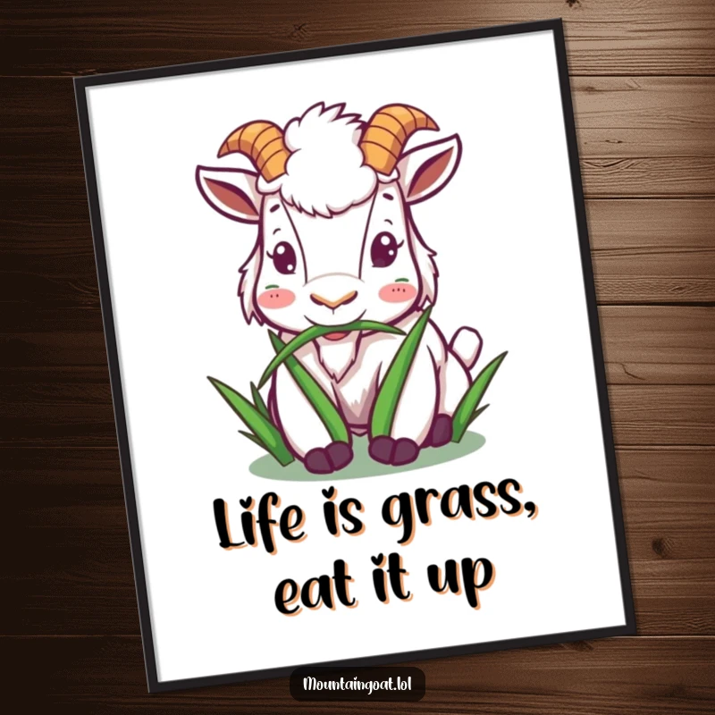 Funny Free Printable wall art: A mountain goat character depicted in the act of happily and contentedly munching on a stylized blade of grass.