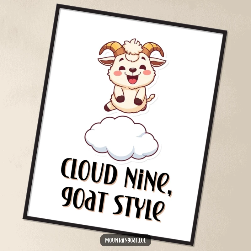 Funny Free Printable Mountain Goat Wall Art: A grinning goat joyfully leaps over a tiny cloud, creating whimsical and uplifting wall decor.