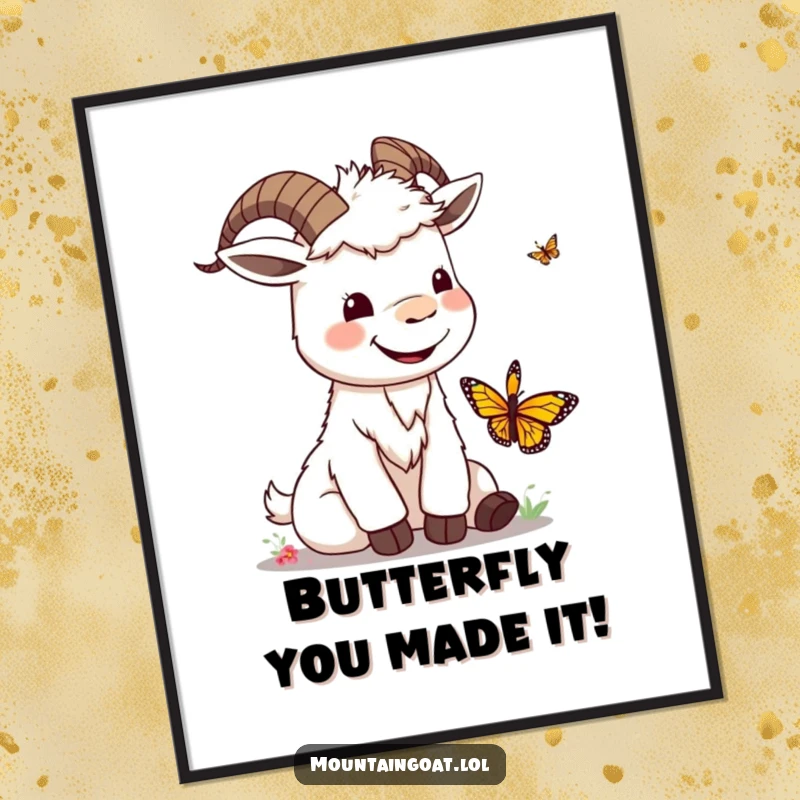 Funny Free Printable Kawaii Mountain Goat Wall Art: Goat with a goofy smile joyfully playing with a colorful butterfly.