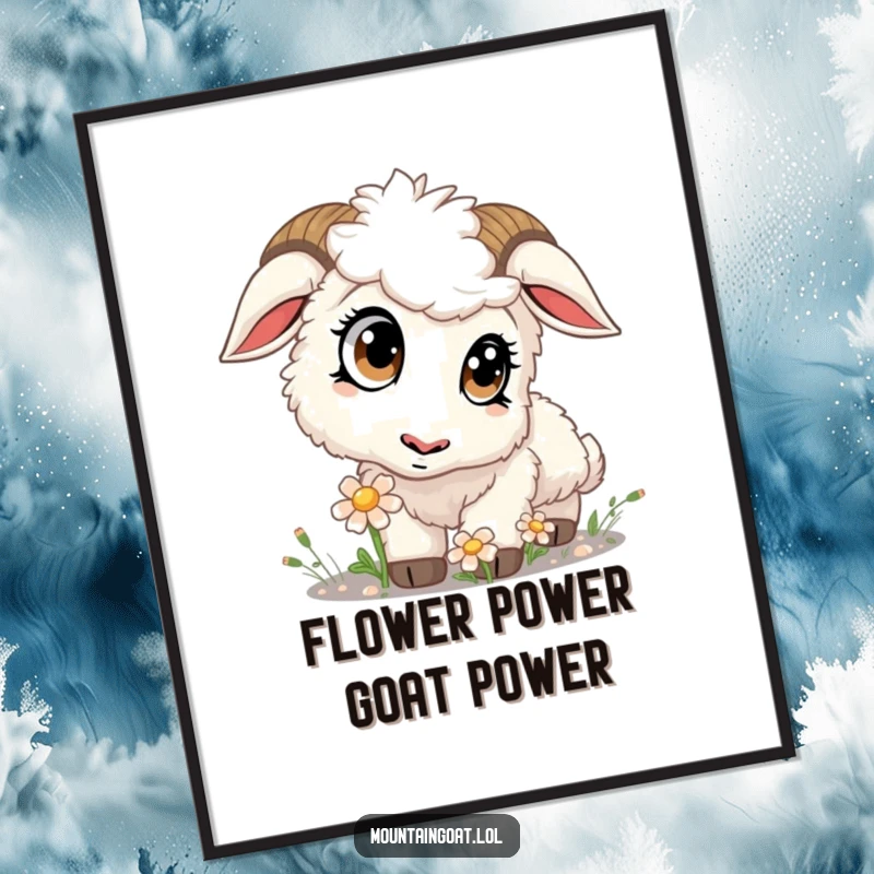 Funny Free Printable Kawaii Mountain Goat Wall Art: Fluffy goat with big eyes curiously sniffing a colorful flower.