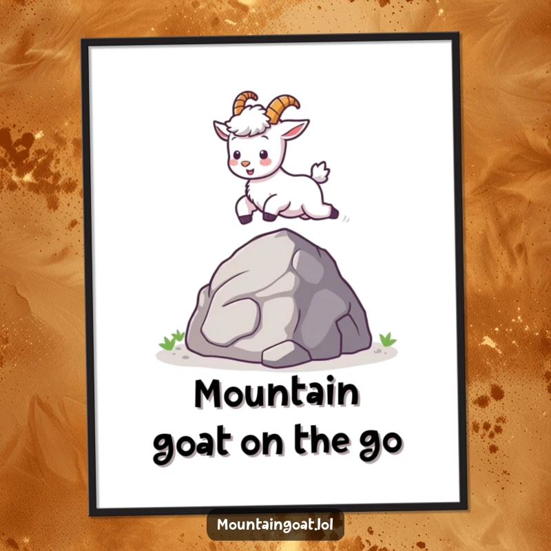 Funny Free Printable Kawaii Mountain Goat Wall Art: Tiny goat in mid-leap over a rock, exuding playful energy.