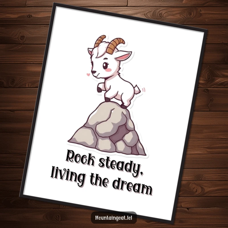 Funny free printable wall art: A tiny mountain goat character expertly balances on a single rock, showcasing astounding poise and humor.