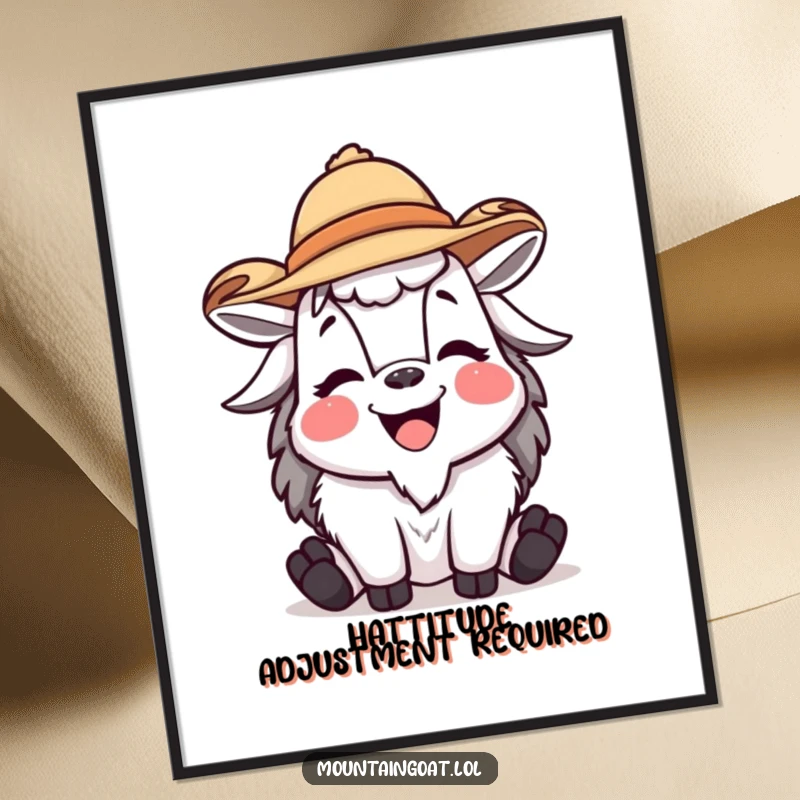 Funny Free Printable wall art of a mountain goat with a tiny jaunty hat, caught mid-laugh with a joyful expression.