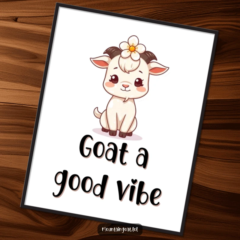 Funny Free Printable Wall Art: A charming mountain goat humorously balancing a vibrant flower on its head.