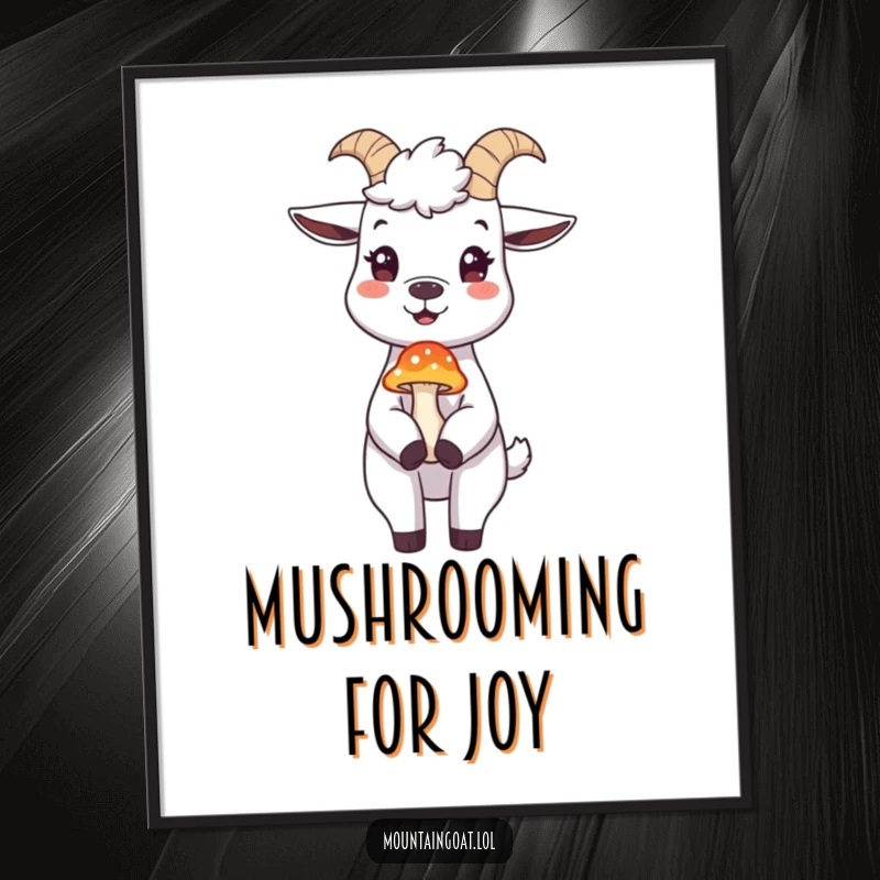 Funny Free Printable Wall Art: A happy mountain goat precariously balancing a small, colorful mushroom on its nose, a humorous art piece.