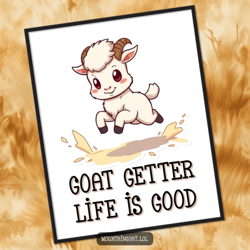 Funny Free Printable Wall Art: A tiny, hyperactive kawaii mountain goat kicking up a trail of dust as it runs with boundless energy.