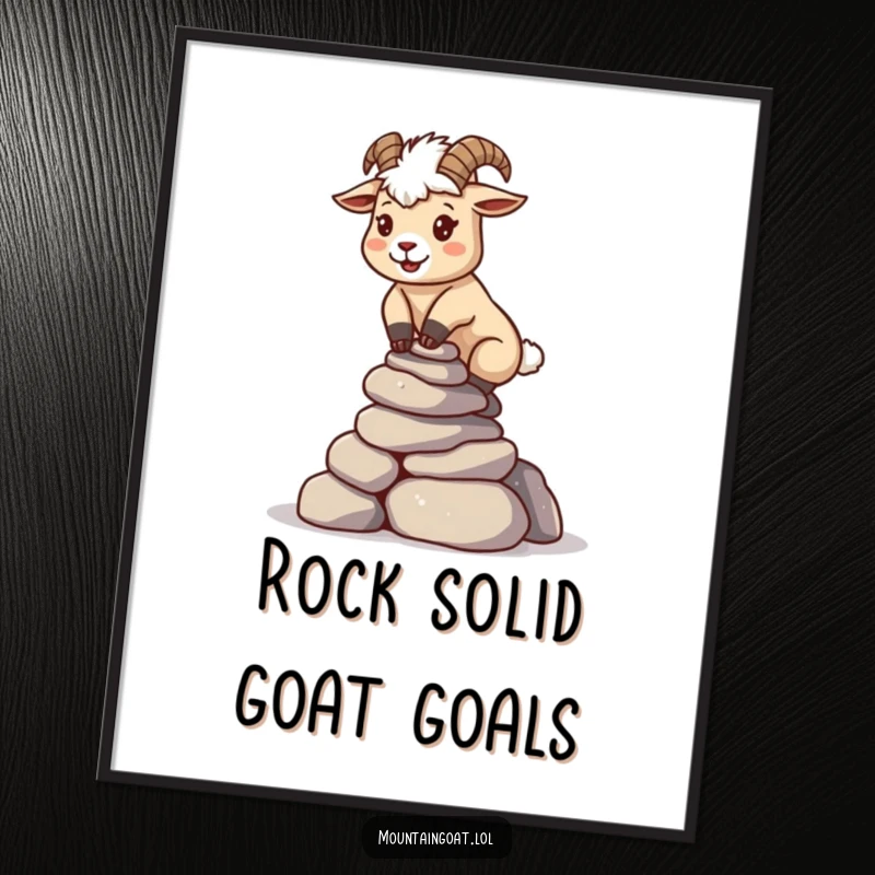 Funny Free Printable Wall Art: A determined Kawaii mountain goat meticulously balancing a tall stack of tiny rocks, showcasing focus and patience.