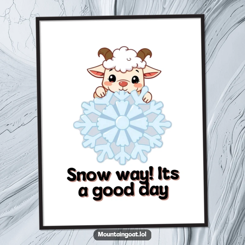 Funny Free Printable Wall Art: A cute kawaii mountain goat popping its head over a colossal, beautifully detailed snowflake with a curious expression.