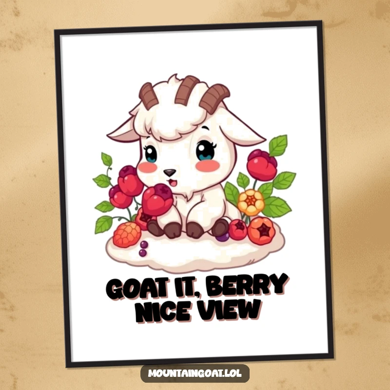 Funny Free Printable Wall Art: Mountain goat happily munches on vibrant berries, adding a cheerful and outdoorsy feel to decor.