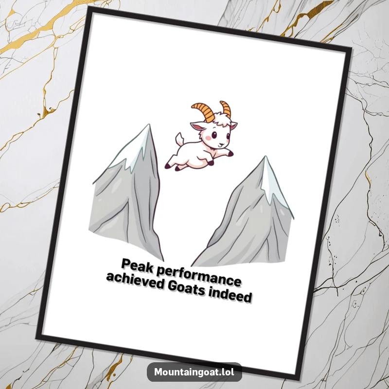 Funny Free Printable Wall Art: A determined kawaii mountain goat leaping dynamically over a vast chasm between two rocky peaks.