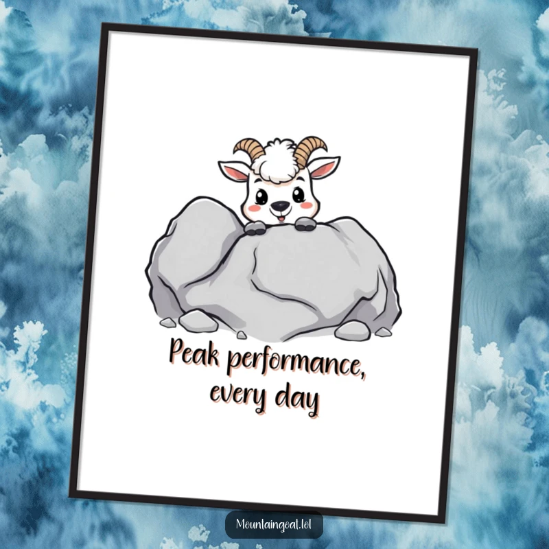 Funny Free Printable Wall Art: Mischievous kawaii goat peeking playfully from behind a boulder, adding a touch of cheeky humor.