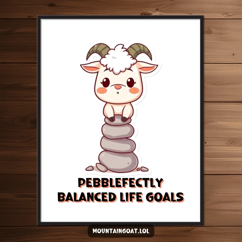 Funny free printable wall art: A smiling mountain goat skillfully stacking pebbles, bringing a dose of mountain humor to any room.