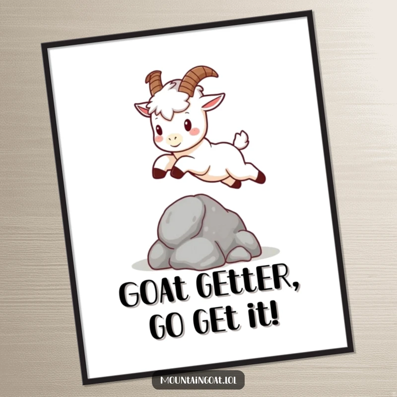 Cute free printable wall art of a kawaii mountain goat with tiny horns leaping playfully over a small, textured rock.