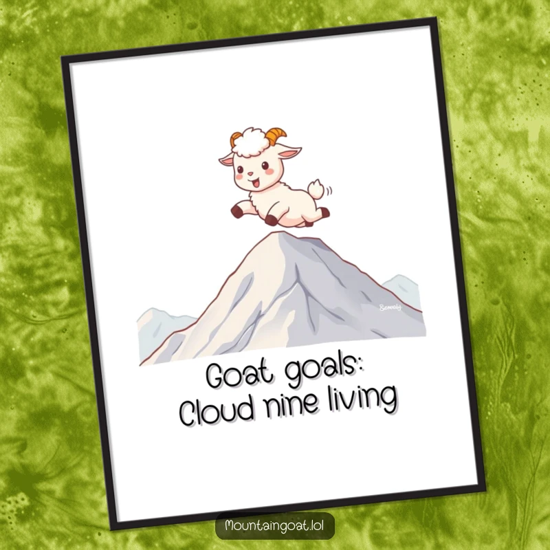 Funny Free Printable Wall Art: Kawaii mountain goat happily skips on puffy clouds, set against a mountaintop sky.