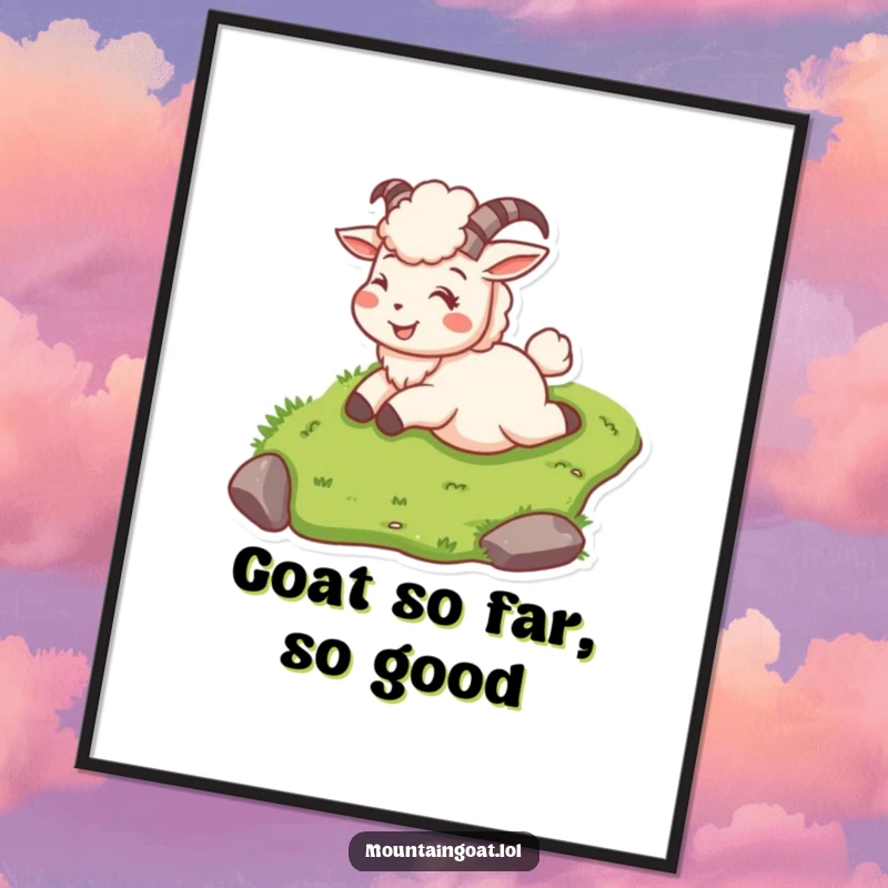 Dynamic free printable wall art of a mountain goat character enjoying a slide down a grassy slope with a smile.