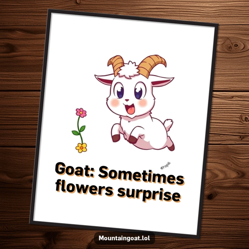 Funny Free Printable Wall Art: A mountain goat with wide eyes leaping backward, dropping a single flower.
