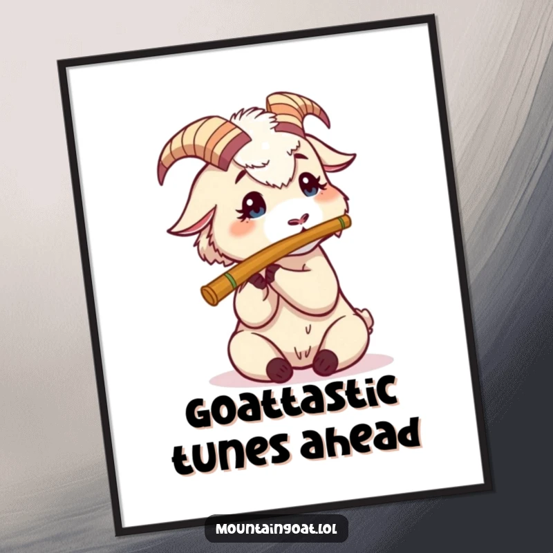 Funny Free Printable Wall Art: A mountain goat character attempting to play a tiny flute with a comical expression.