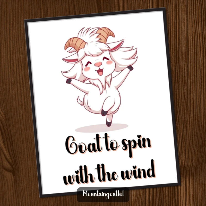 Funny Free Printable wall art: A mountain goat with windblown fur captured mid-spin, radiating pure uninhibited joy and freedom.