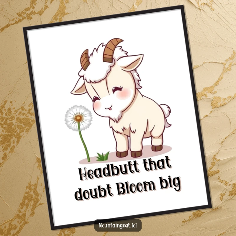 Funny Free Printable Wall Art: A charming kawaii mountain goat playfully headbutting a large, fluffy dandelion, with seeds floating around.