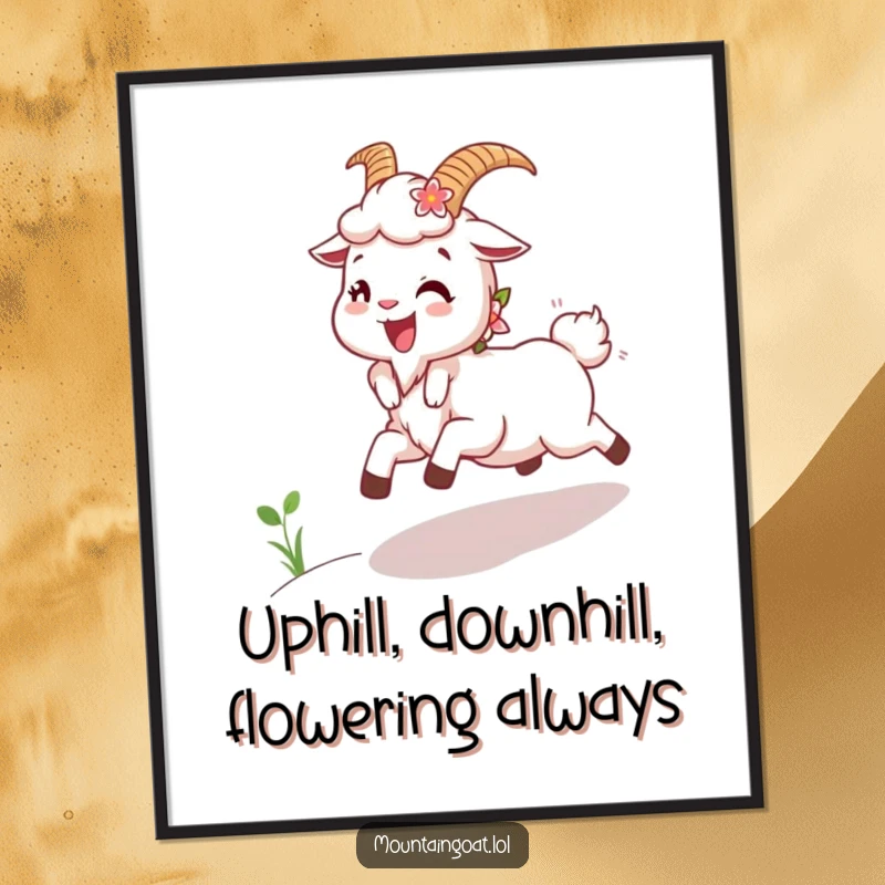 Joyful Free Printable Wall Art: A happy mountain goat with flowers in its fur skipping uphill with great delight.