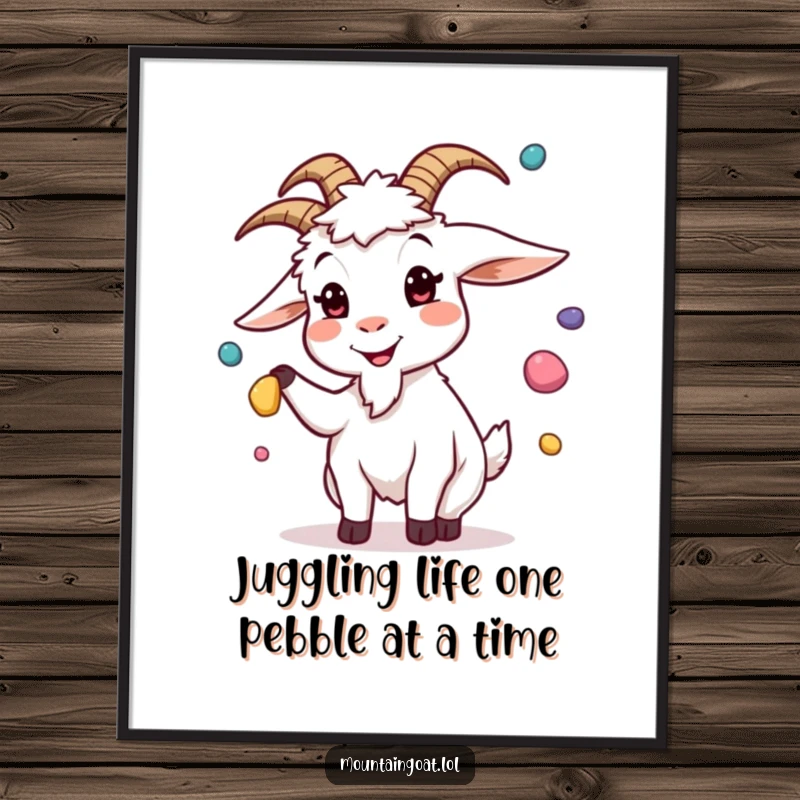 Funny Free Printable Wall Art: A goat with a silly expression expertly juggles colorful pebbles, creating a whimsical scene. DIY decor.