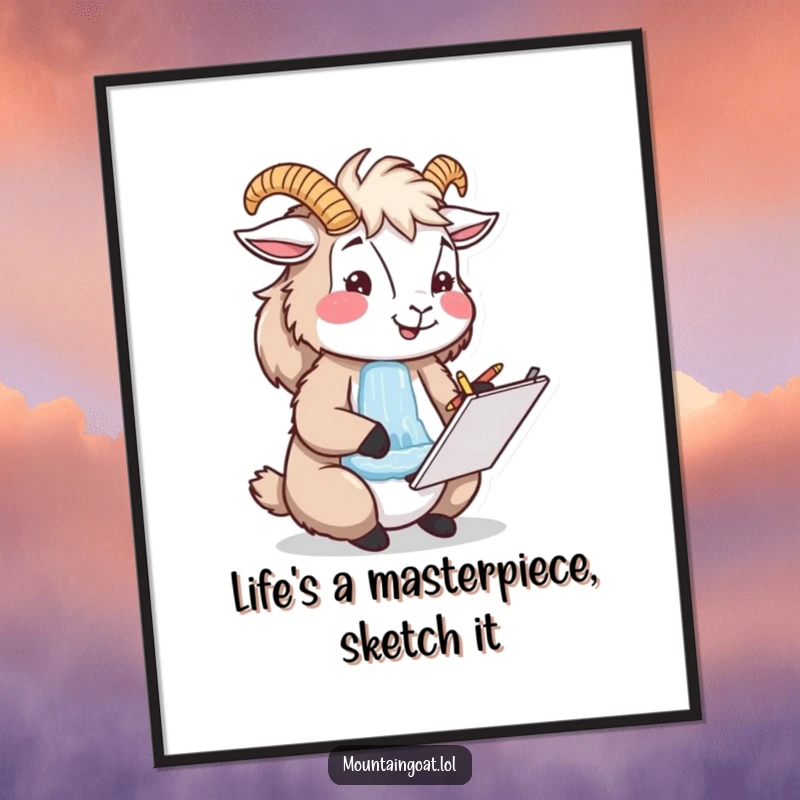Funny free printable wall art featuring a happy mountain goat artist intently sketching a picturesque waterfall in a small notepad.
